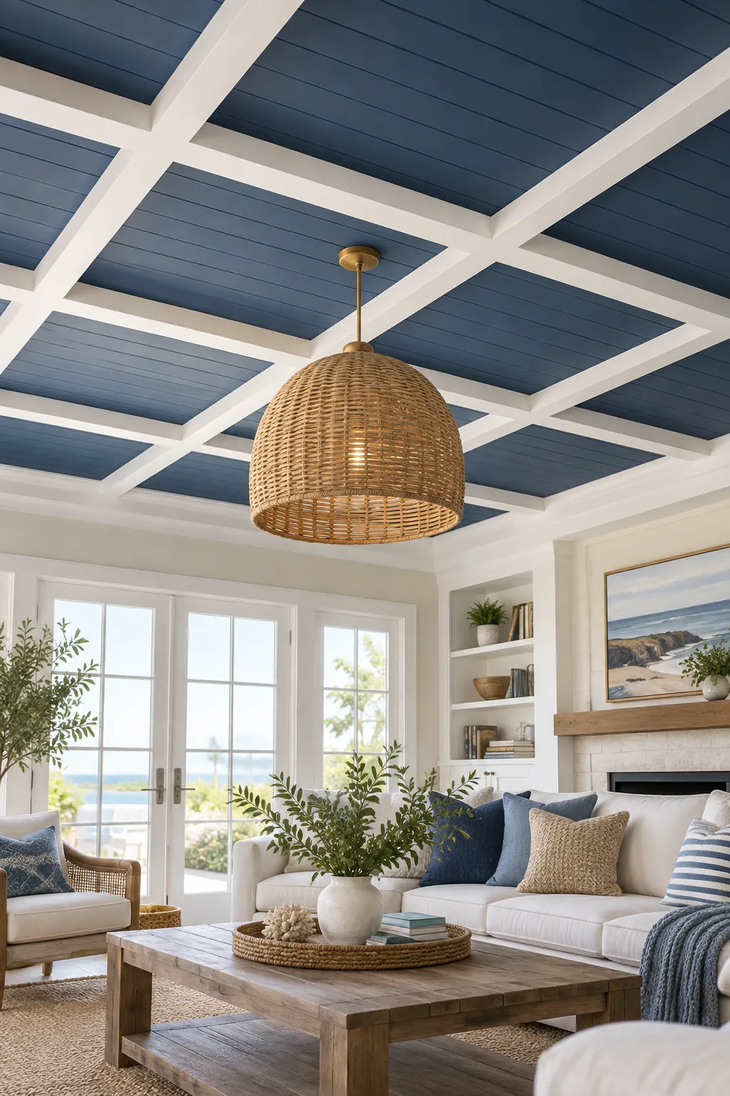 A white ceiling batten grid layered over navy blue shiplap in a bright coastal living room.