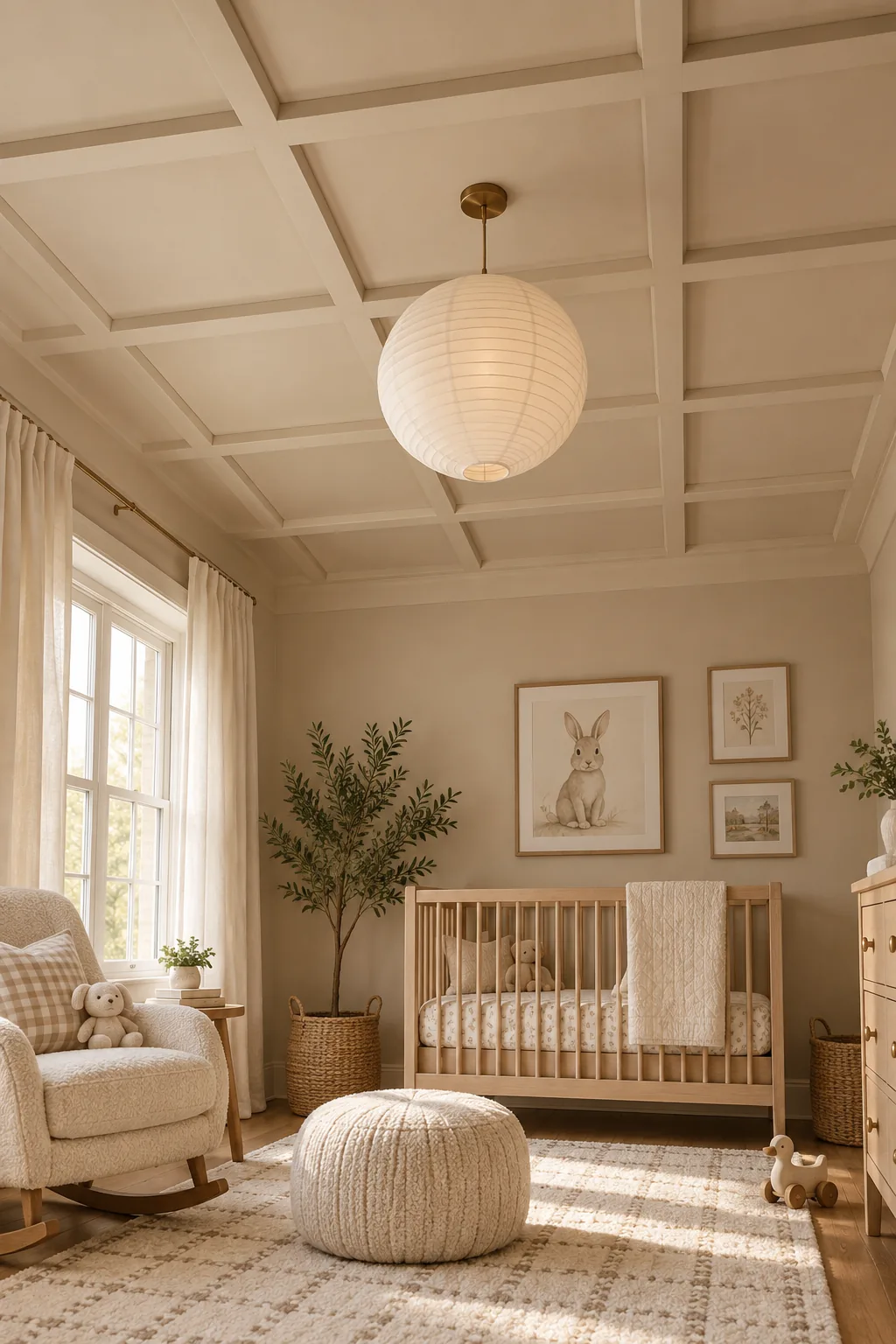 A tonal nursery ceiling where both the flat surface and the batten grid are painted soft sand beige.