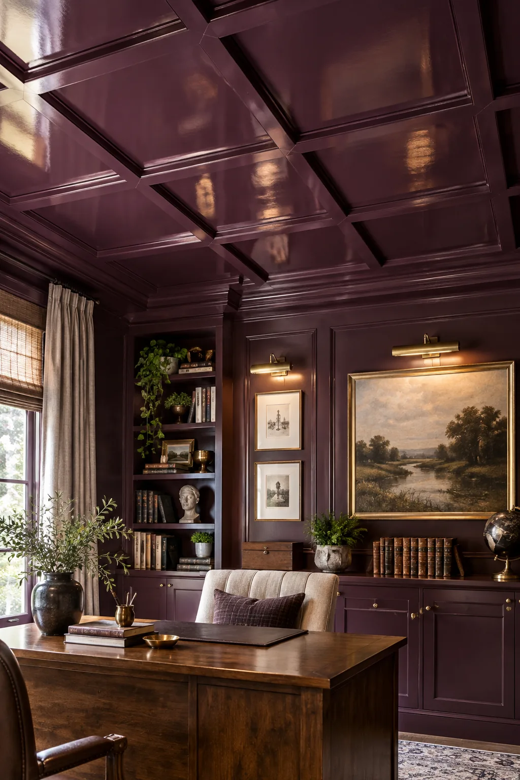 A high-gloss deep plum purple ceiling and matching batten grid in a traditional home office.