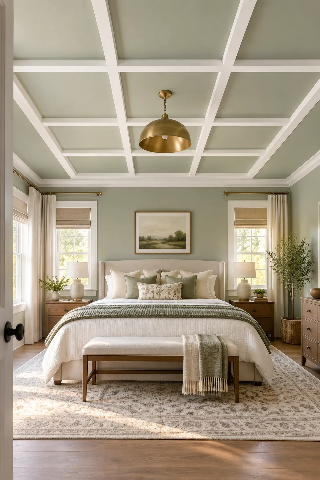 A brass dome pendant light hanging from the exact center of a white square ceiling coffer painted pale sage green inside.