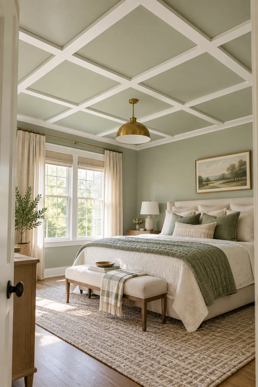 A crisp white ceiling batten on a sage green ceiling intersected by a thin red laser level line.