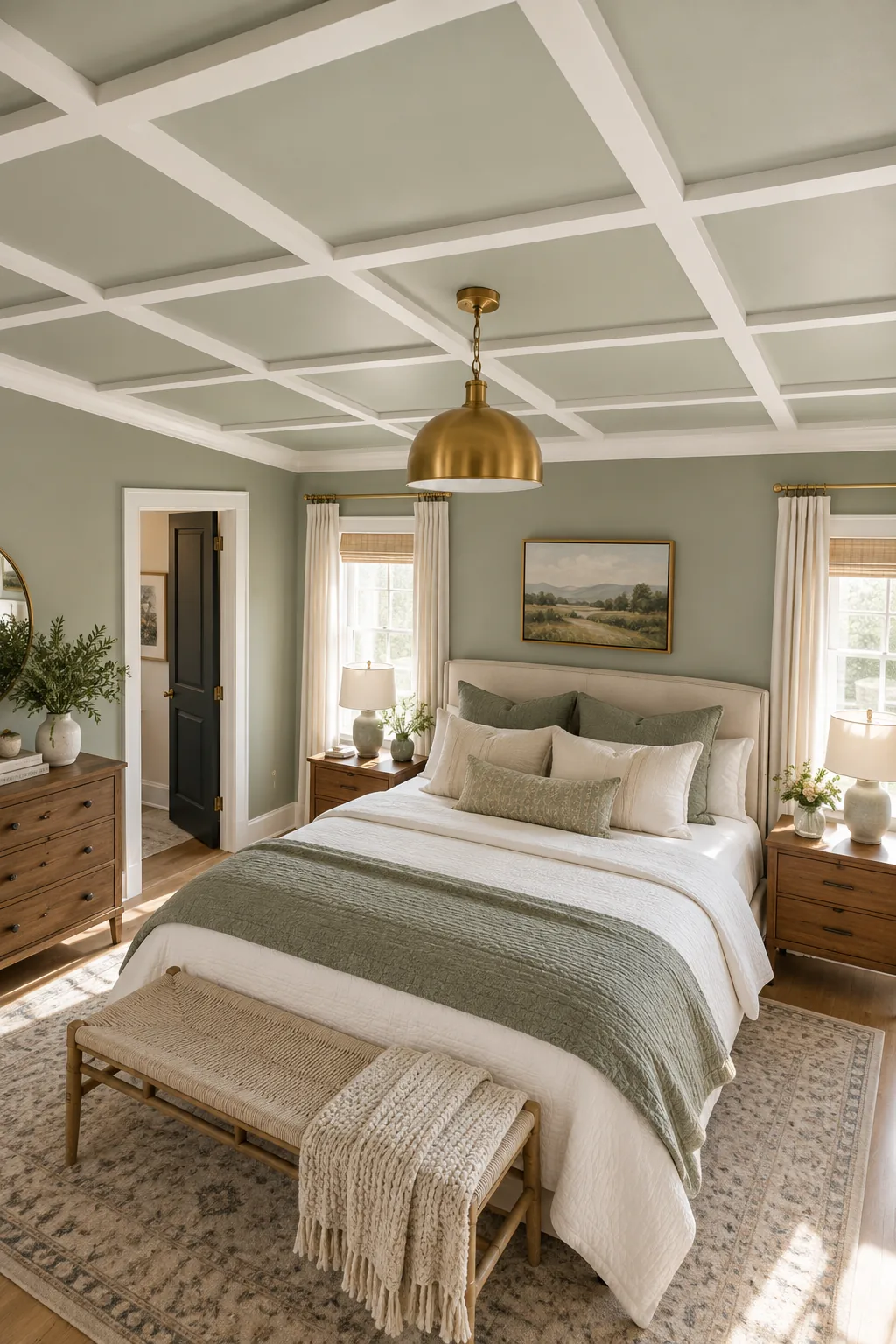 A wide view of a bedroom showing a complete white faux-coffered batten grid on the ceiling above a styled bed.