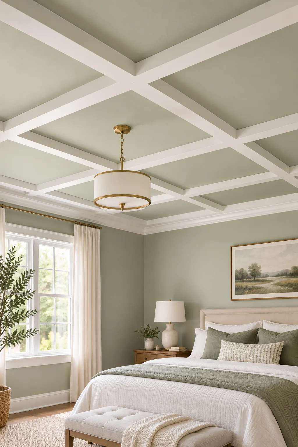 A seamless 90-degree intersection of two white flat ceiling battens against a sage green ceiling.