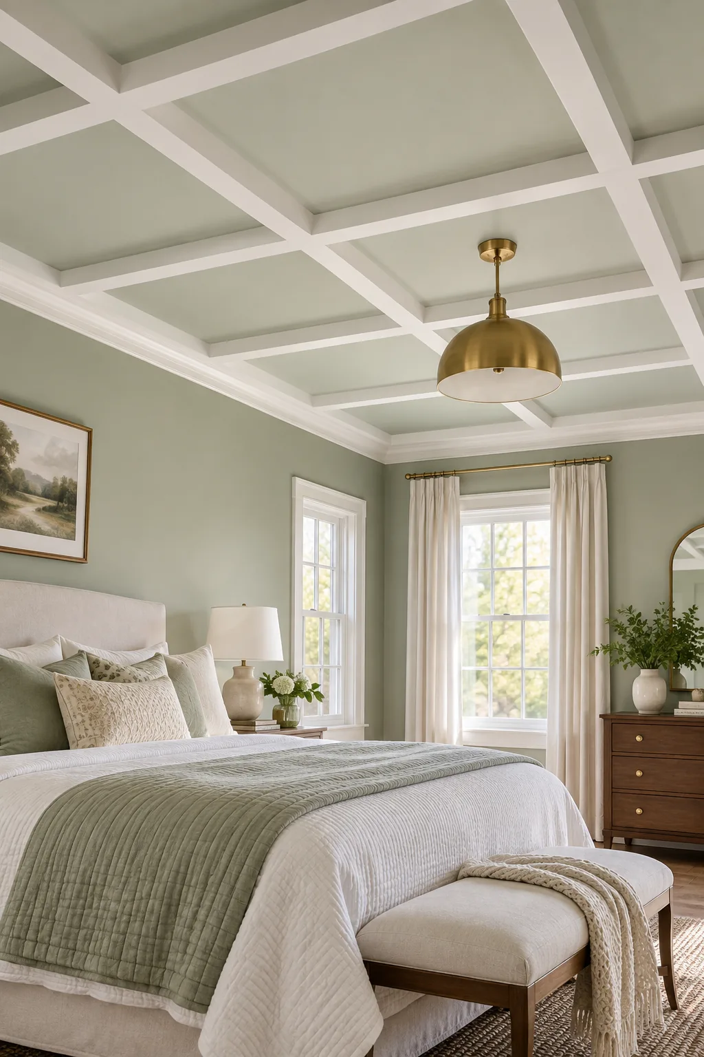 The upper corner of a bedroom showing a white batten ceiling grid meeting white crown molding.