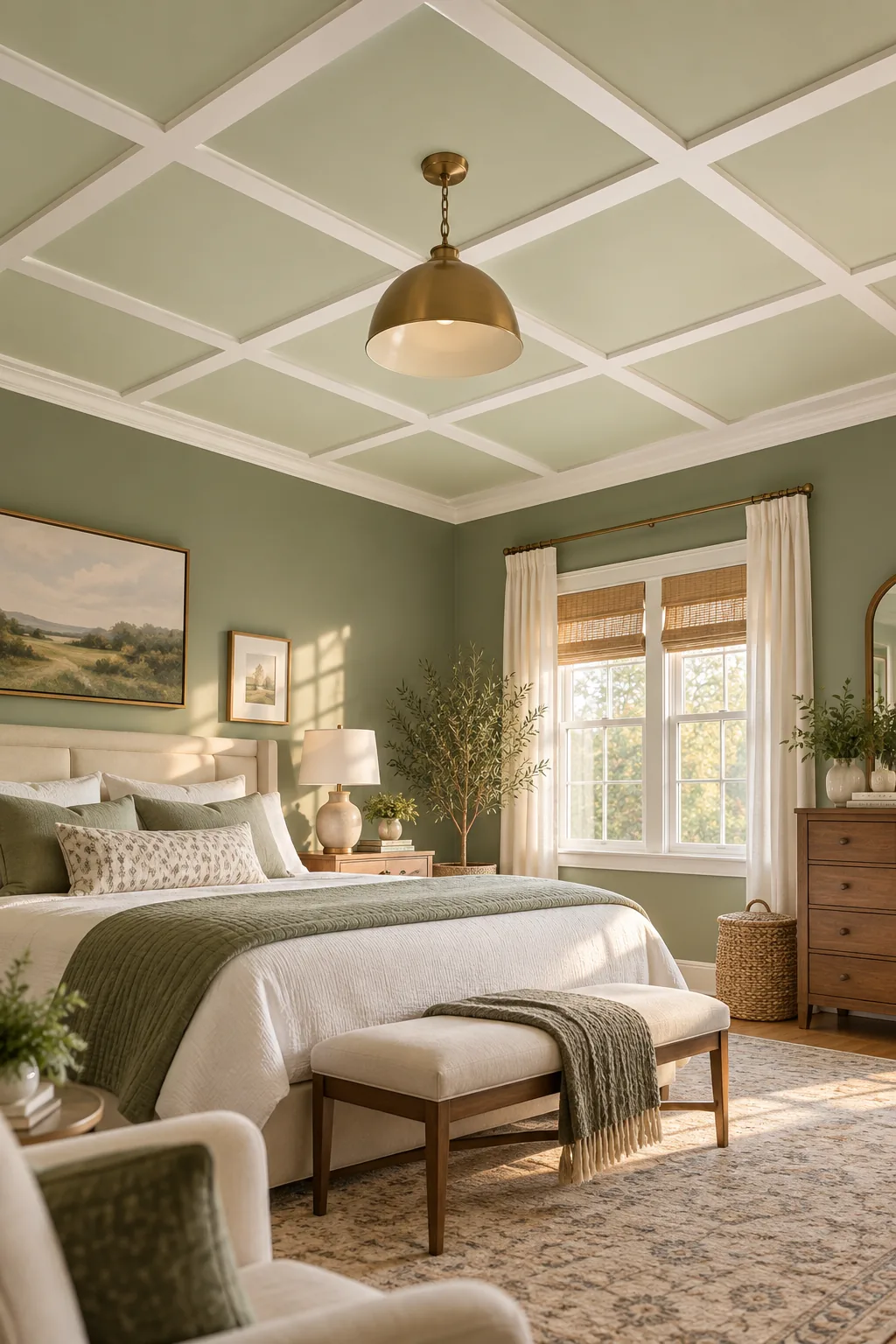 A bedroom corner showing medium sage walls and a paler sage ceiling separated by a white batten grid.