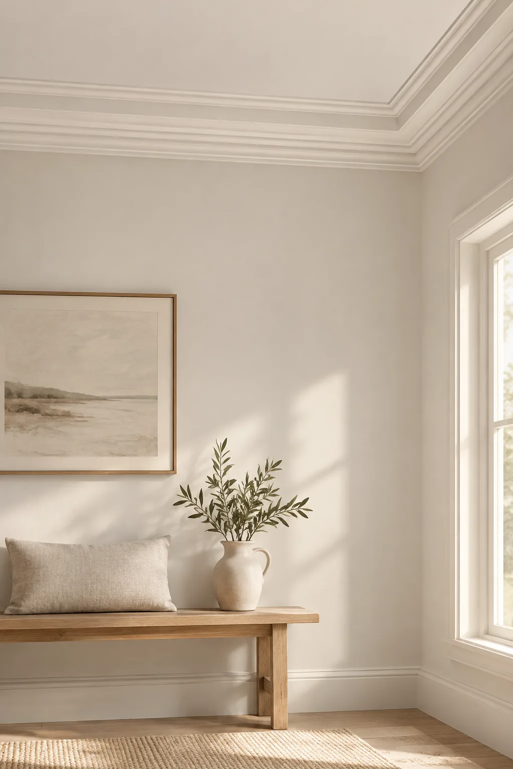 Living room with crisp white stepped crown molding along the ceiling
