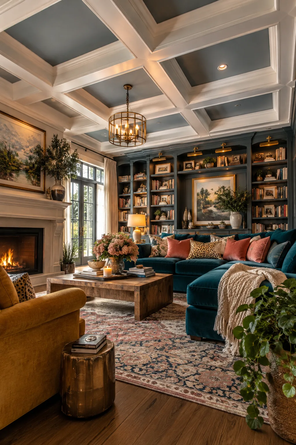 Living room ceiling featuring a deep coffered grid with painted recessed panels