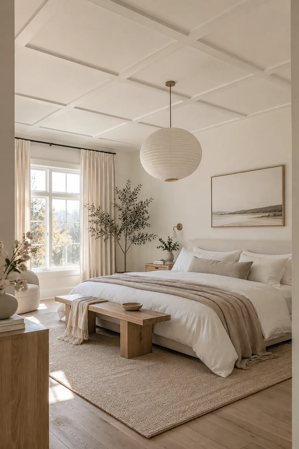 Minimalist bedroom with flat 1x4 wood boards used as modern ceiling trim