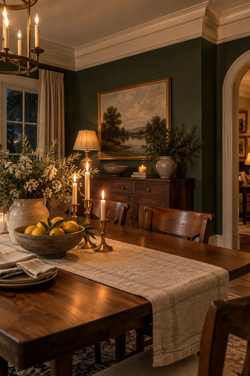 Thick, built-up cornice molding in a formal dining room
