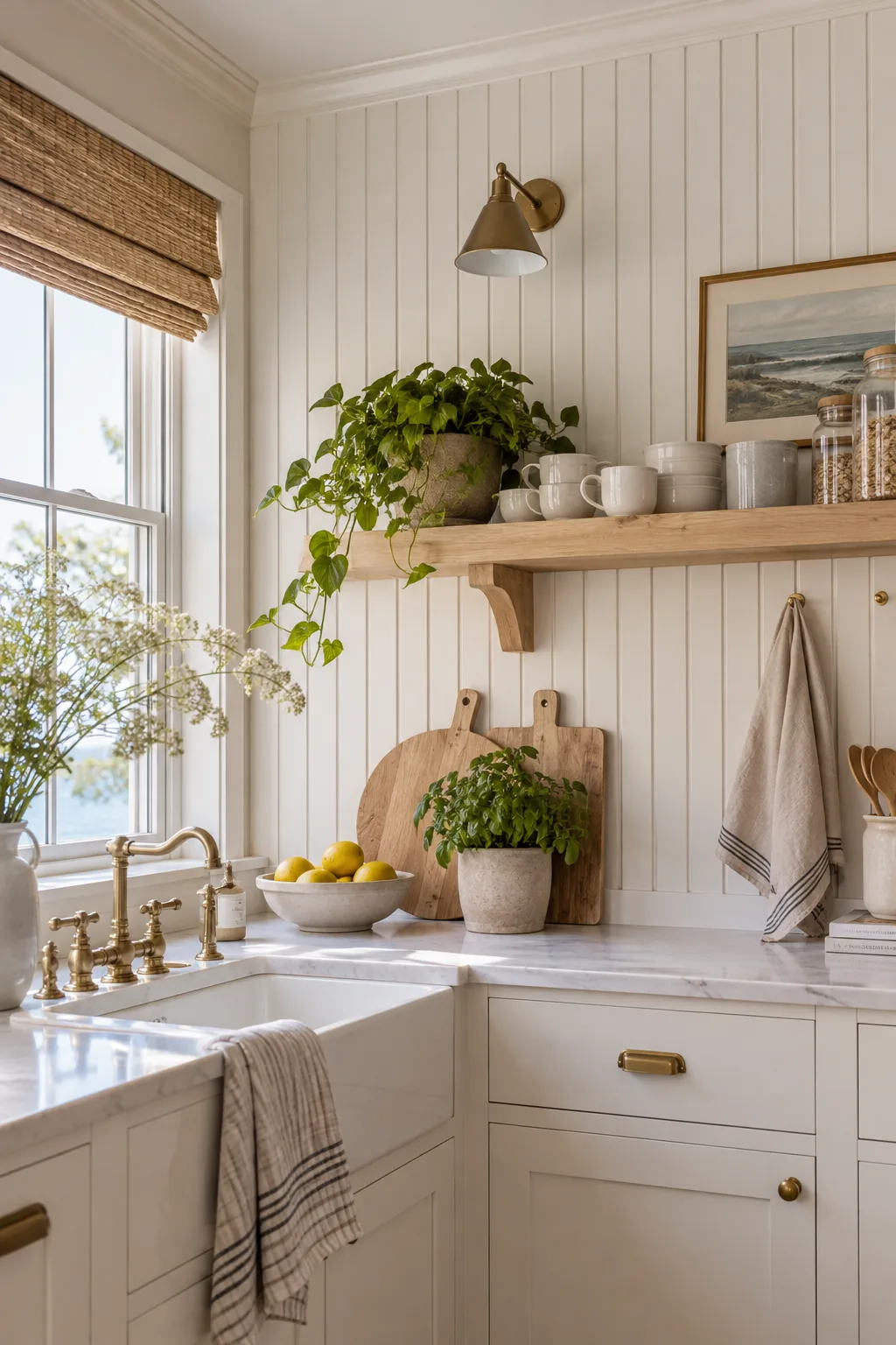 Kitchen ceiling covered in beadboard paneling with cove molding edges