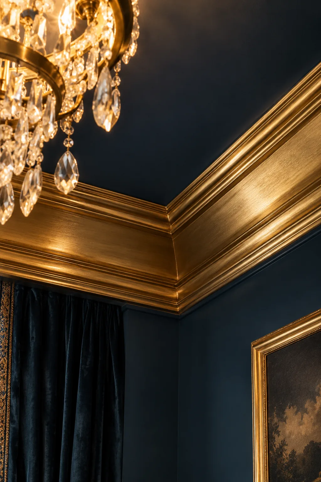 Dark moody ceiling framed by thin metallic gold painted trim
