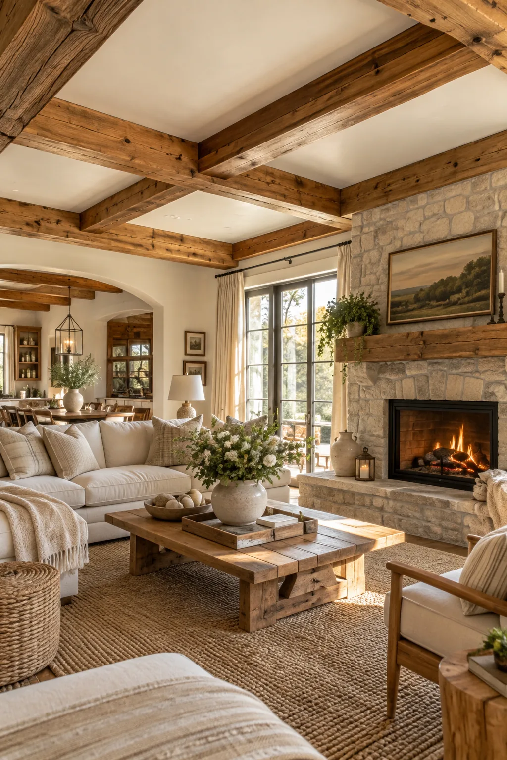 Smooth white ceiling framed with rough-sawn rustic wood beams