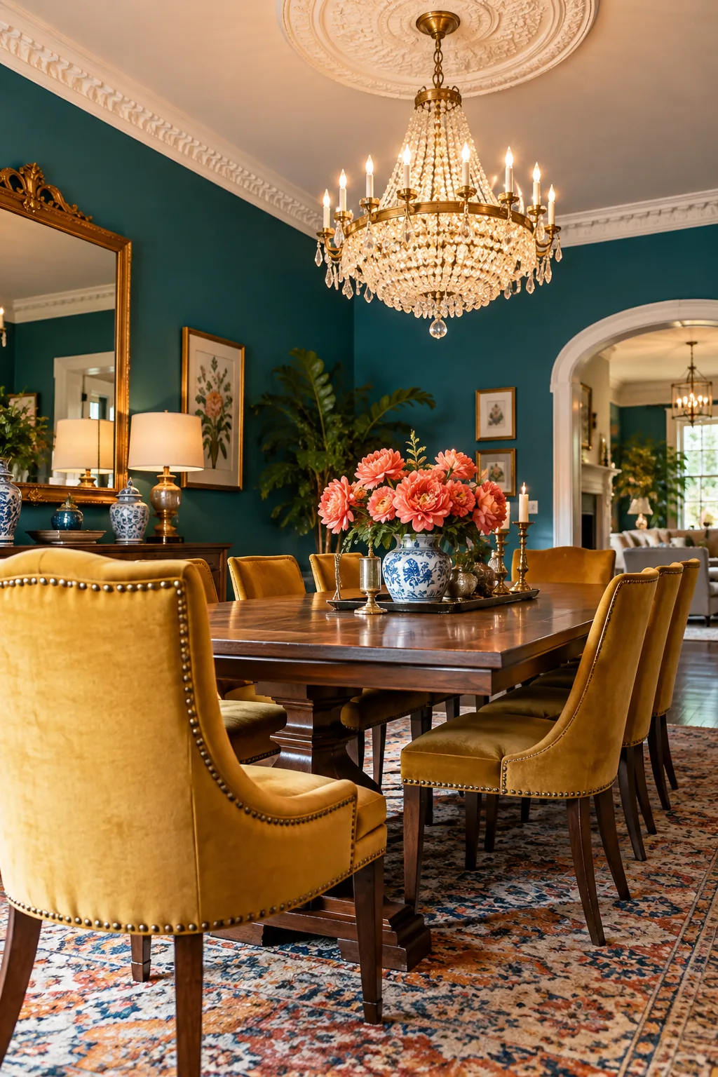 Ornate ceiling medallion matching the style of the perimeter crown molding