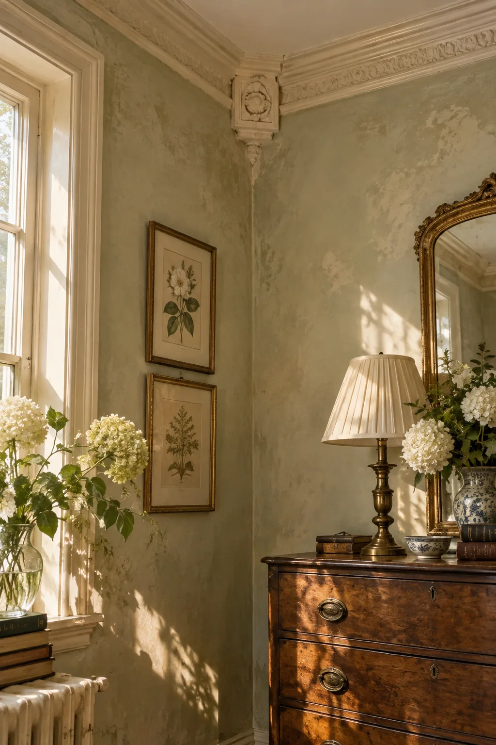 Ceiling trim corners featuring decorative square wooden rosette blocks