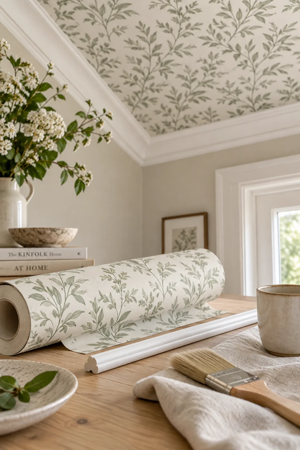 Patterned wallpaper on a ceiling secured by a thin painted trim border