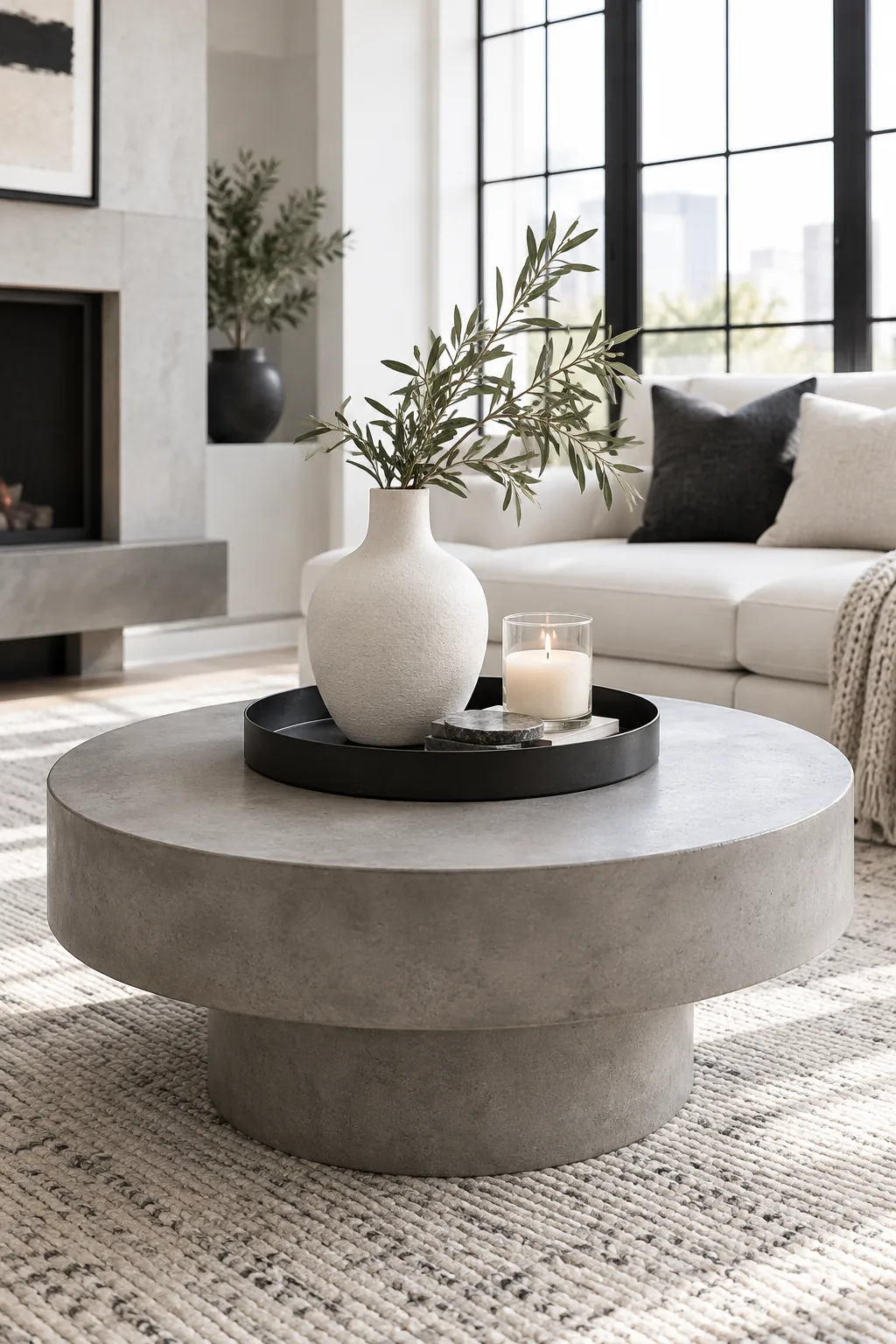 A minimalist concrete coffee table styled with a black metal tray, white vase, and glass candle.