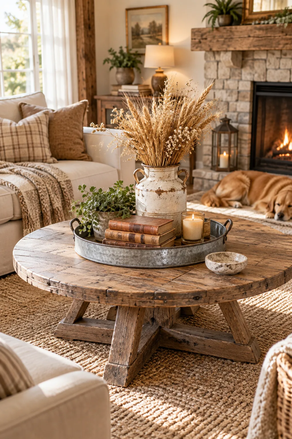 A rustic wooden coffee table styled with a metal tray, vintage jug, dried wheat, and leather books.