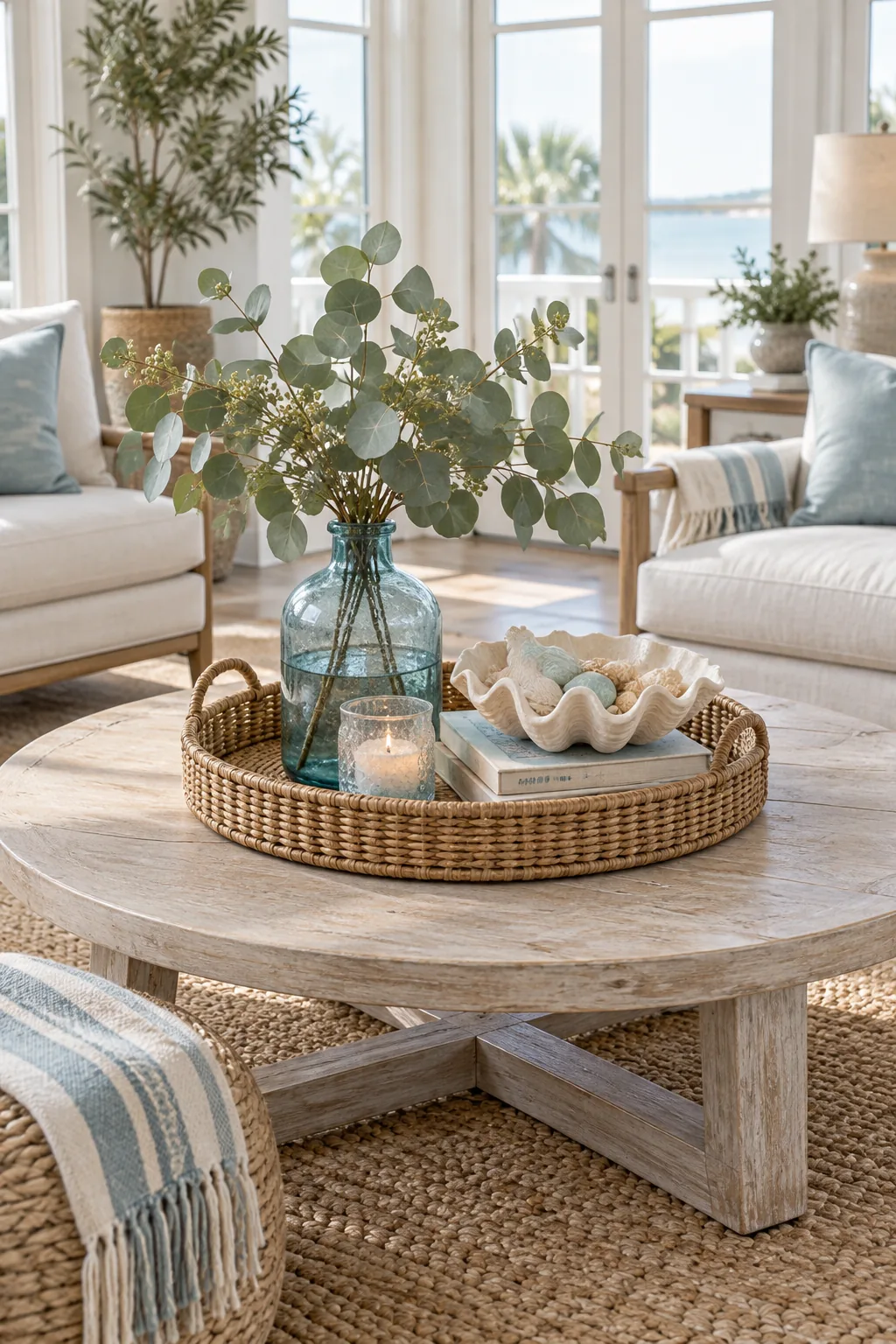 A whitewashed coffee table styled with a rattan tray, blue glass vase with eucalyptus, and a shell bowl.