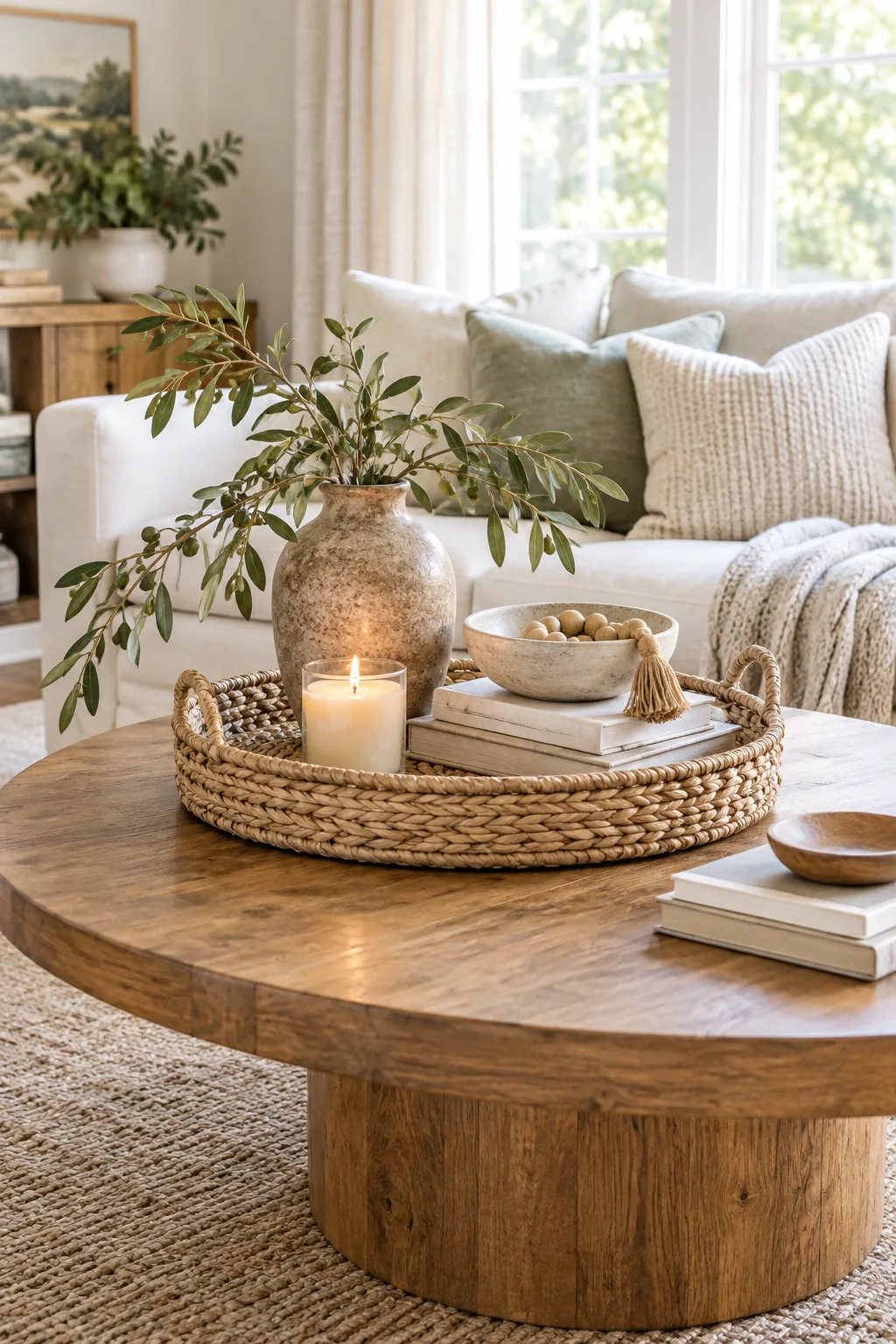 An overhead view of a round wooden coffee table styled with a woven tray and a small book stack.