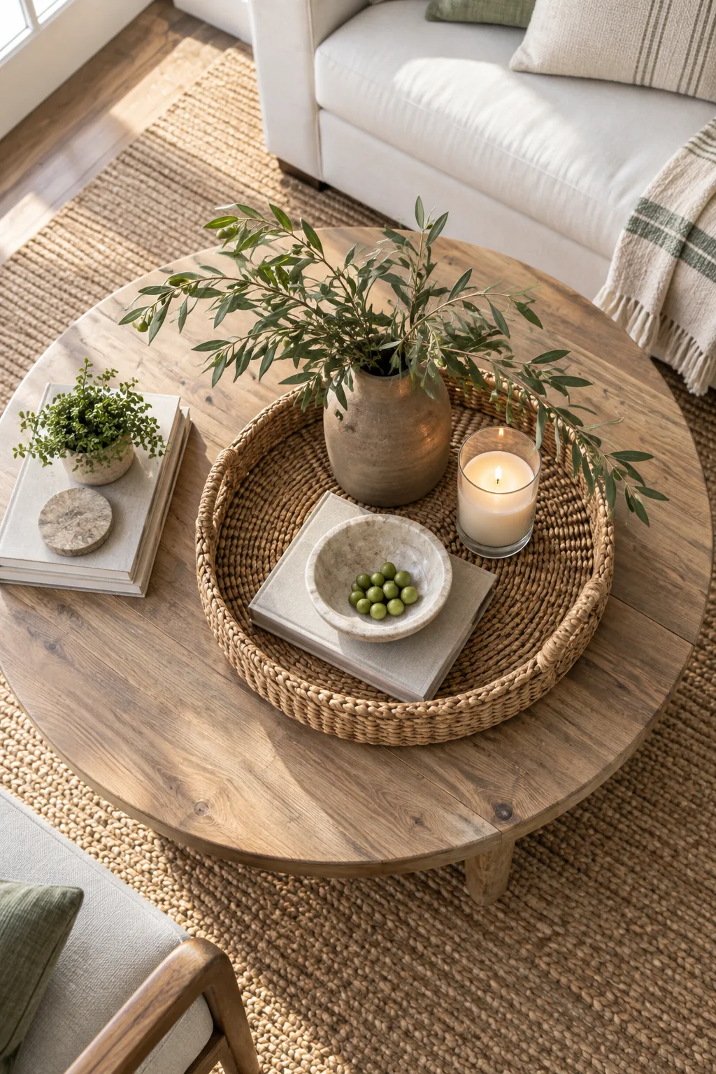 A woven tray sitting perfectly proportioned in the center of a large round wooden coffee table.
