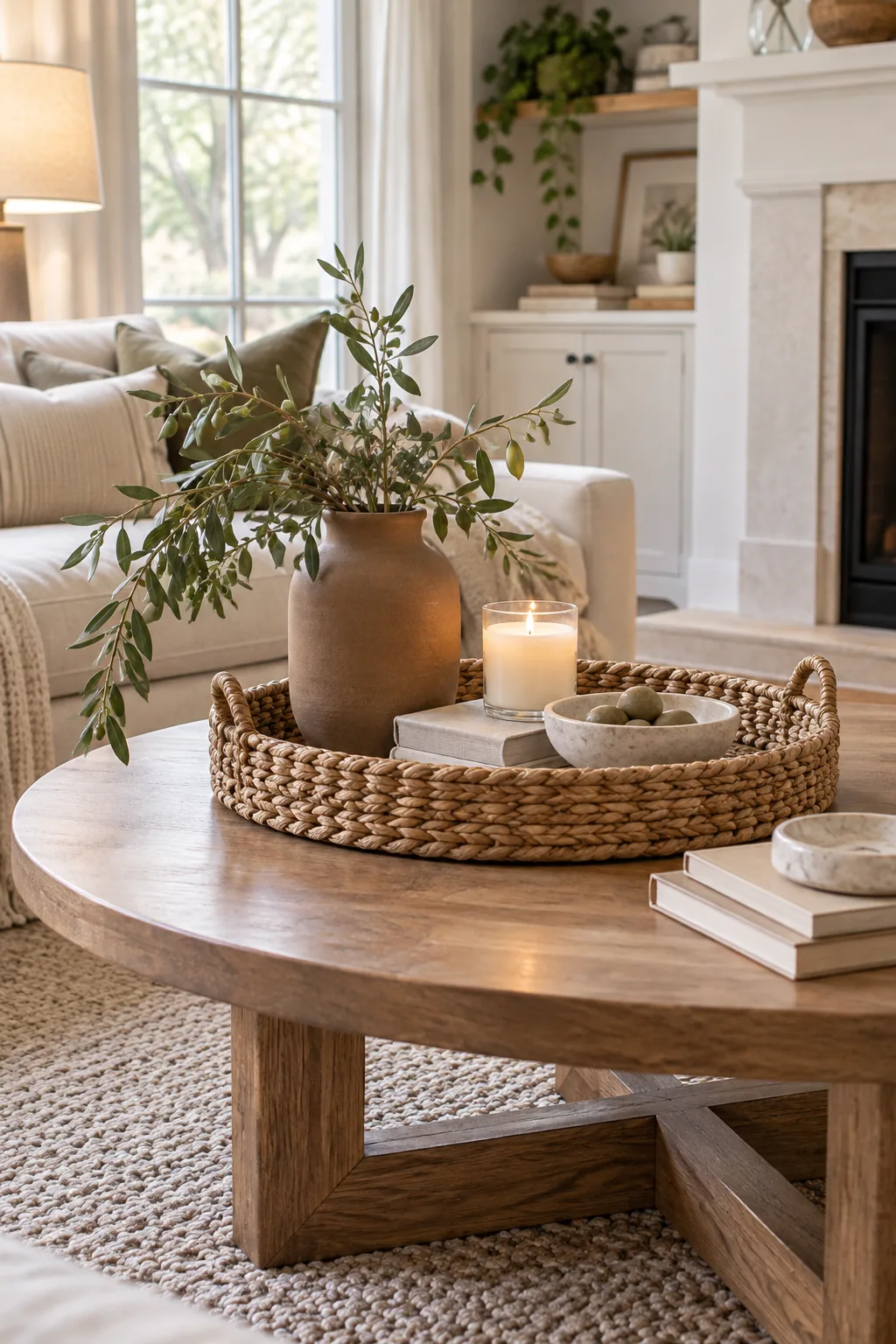A close view of a tray styled with a tall ceramic vase, a medium glass candle, and a low stone bowl.