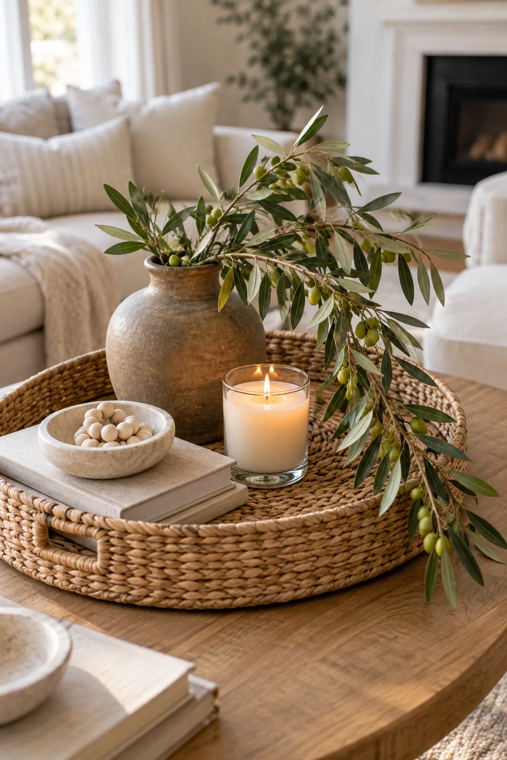 A shiny glass candle reflecting light next to a matte ceramic vase and textured linen books.
