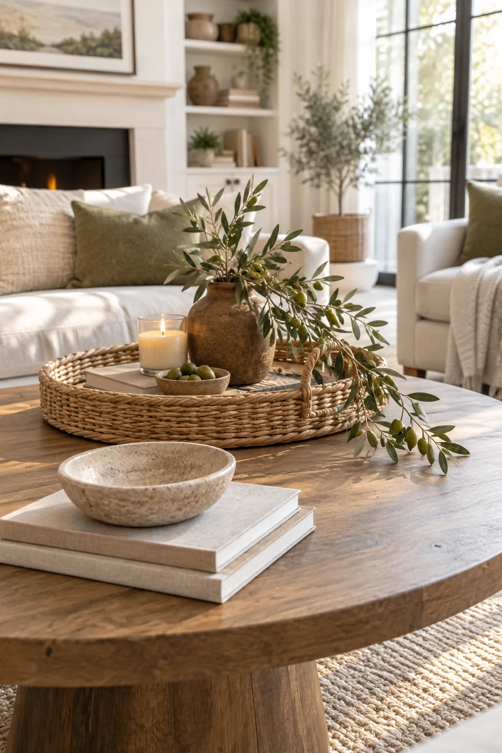 A long, leafy olive branch draping out of a tall ceramic vase and over a woven tray.