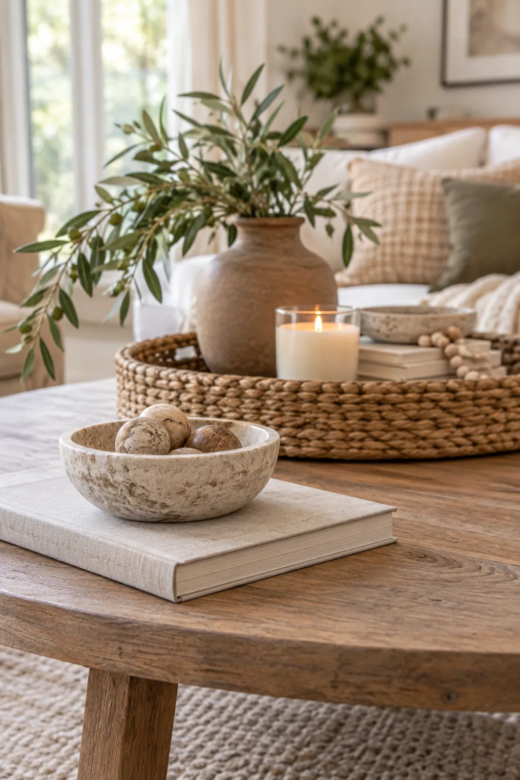 A small decorative bowl resting on a book in the foreground, with a styled tray blurred behind it.
