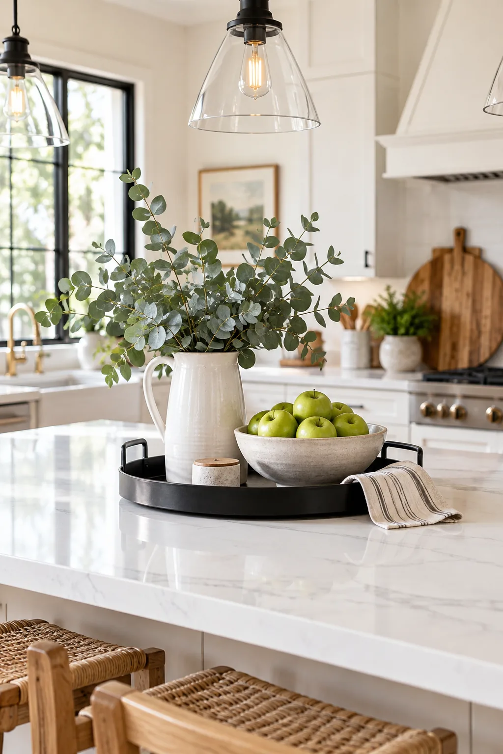 Matte black metal tray with a white ceramic pitcher of eucalyptus and green apples.