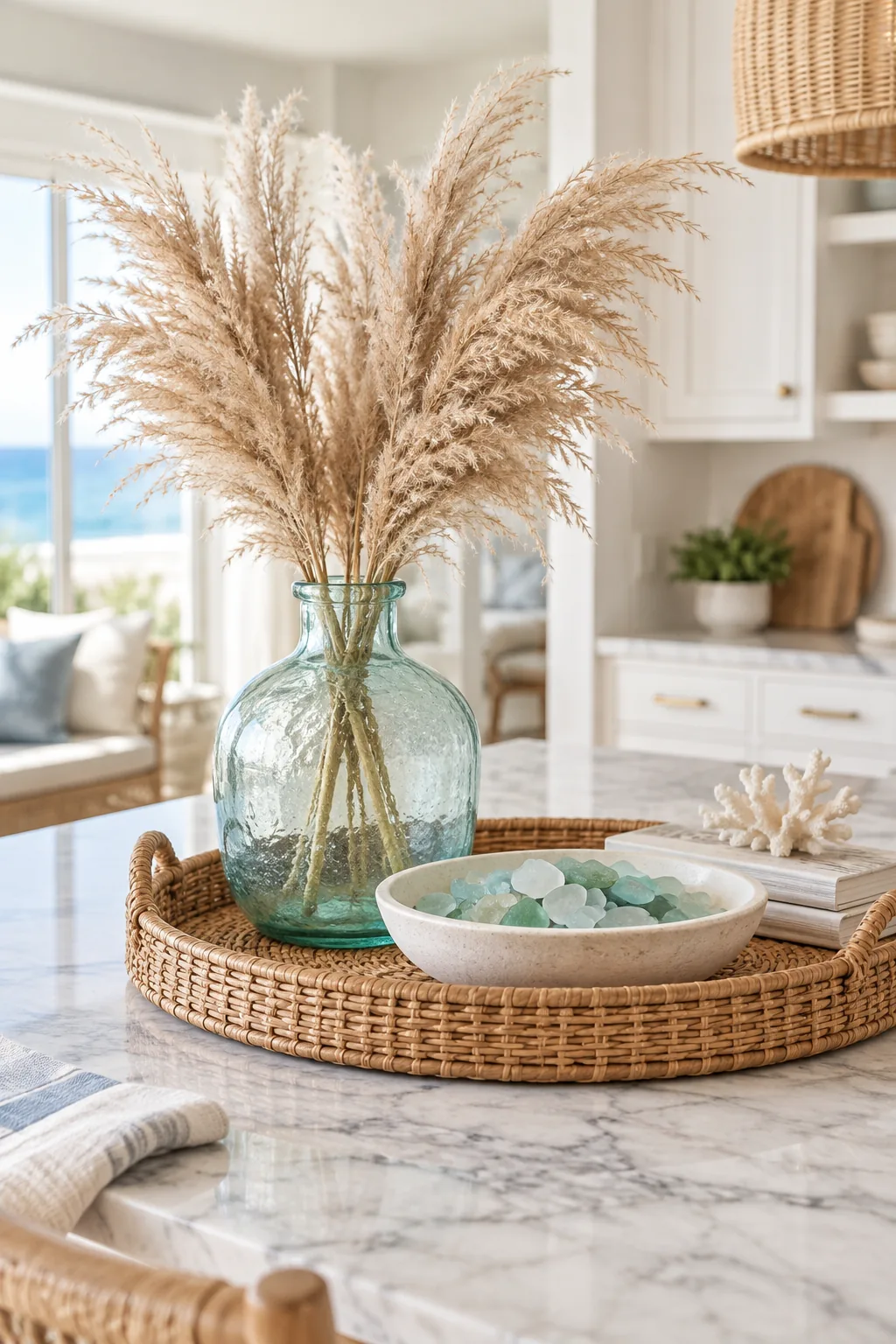 Woven rattan tray with a glass vase of pampas grass and a bowl of sea glass.