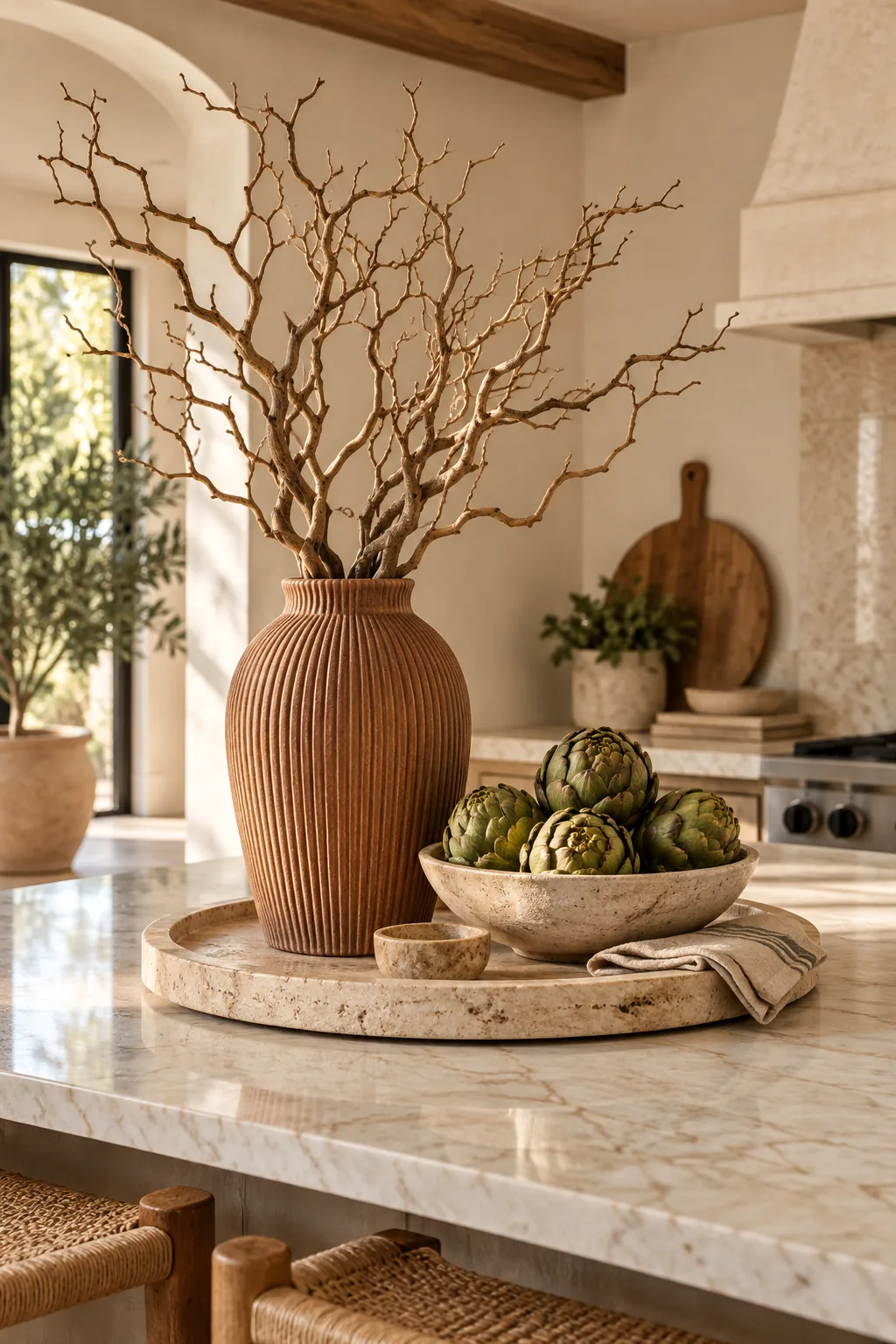 Travertine tray with a terracotta vessel of bare branches and a bowl of artichokes.