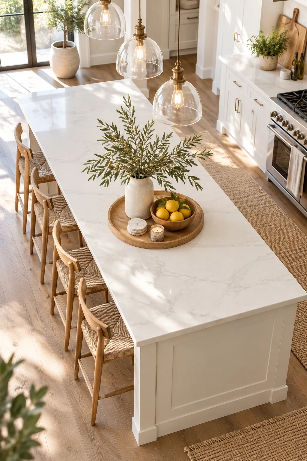 Long white quartz kitchen island with a round oak tray occupying the middle third of the surface.