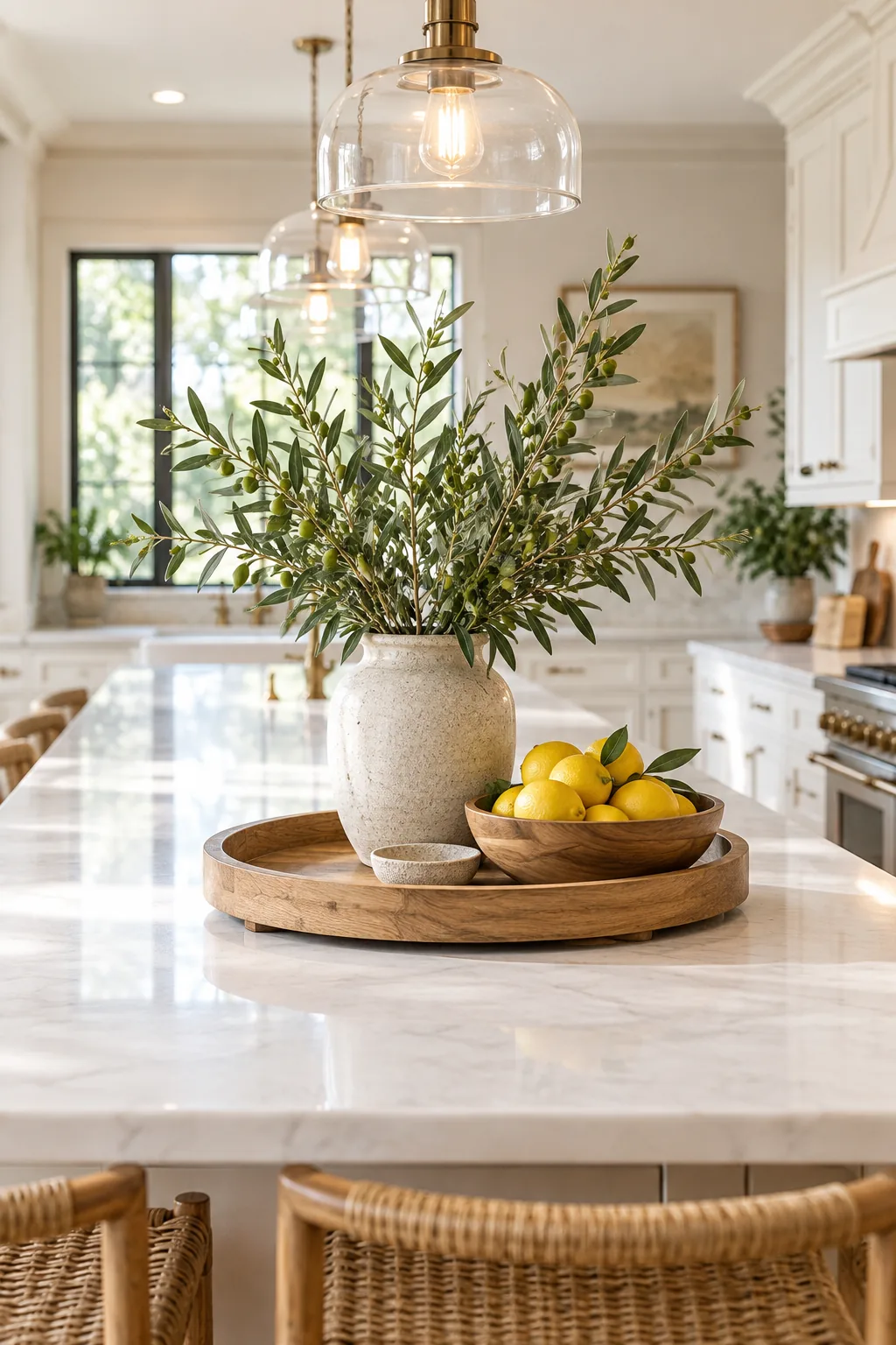 Edge of a wooden tray resting slightly elevated on a white quartz countertop.