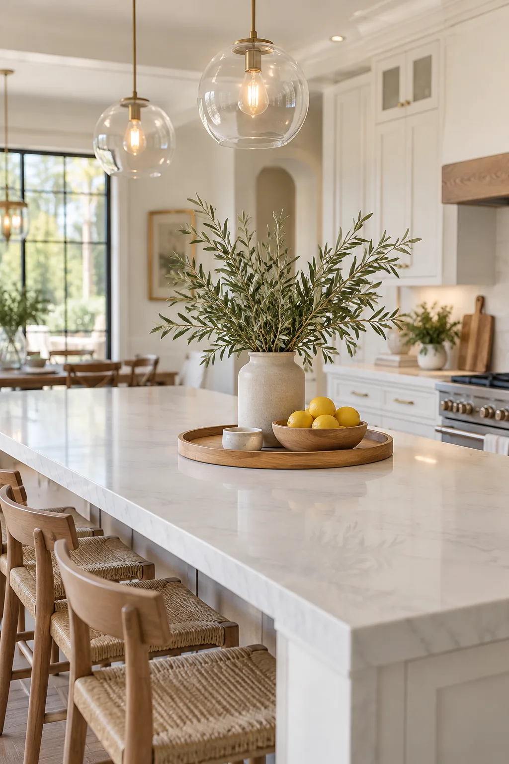 Kitchen island viewed lengthwise with a tall vase aligned directly beneath a glass pendant light.