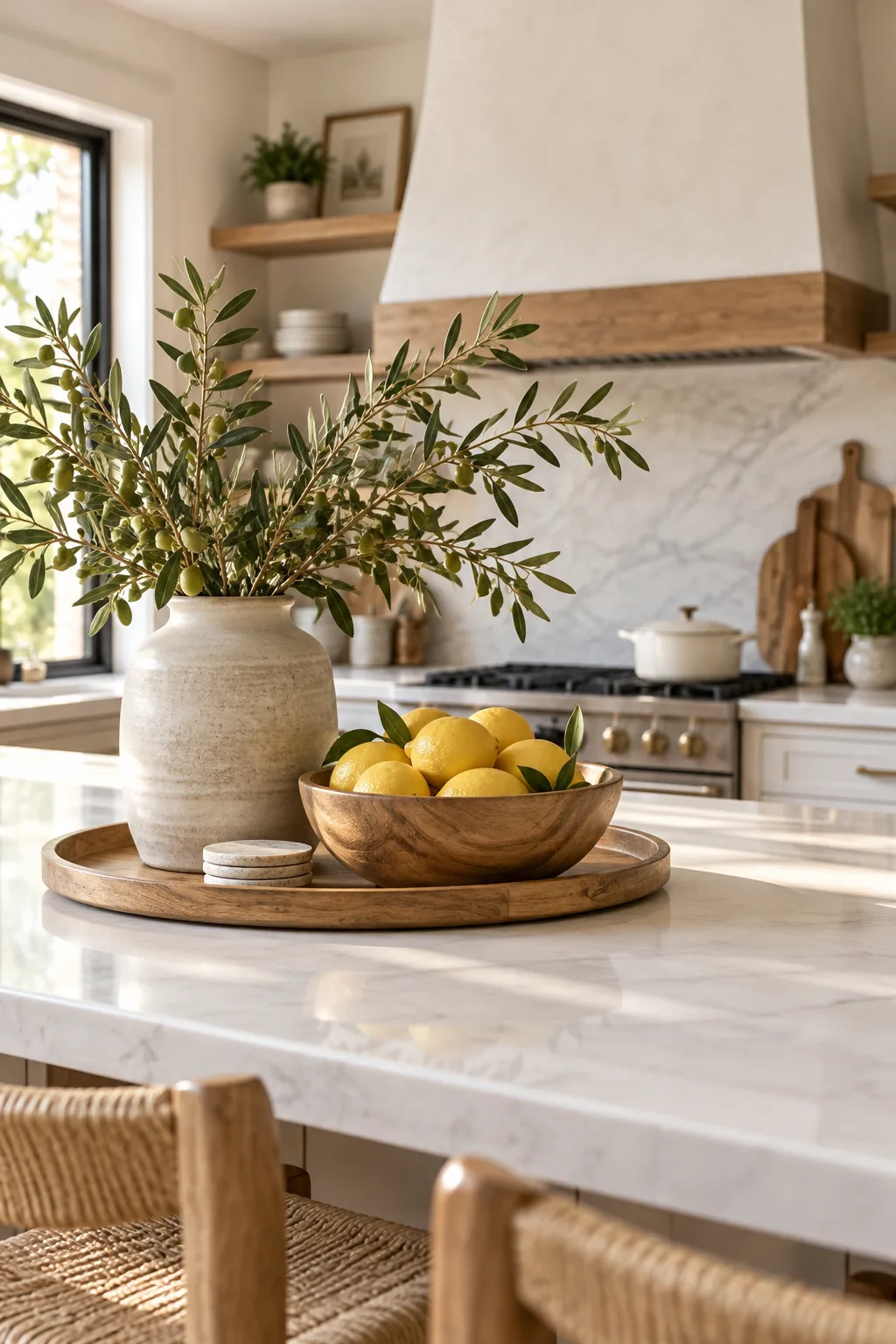 Top-down view of olive branches spreading evenly from a ceramic vase next to a bowl of lemons.