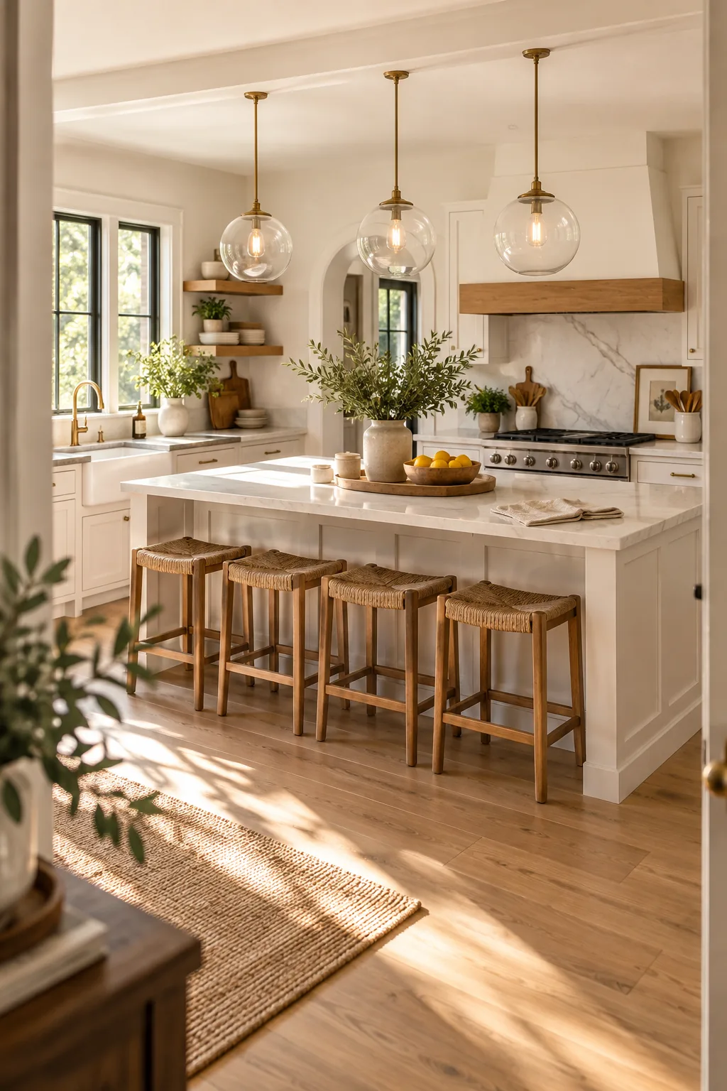 View from a kitchen stool looking over a wooden bowl of lemons toward the stove.