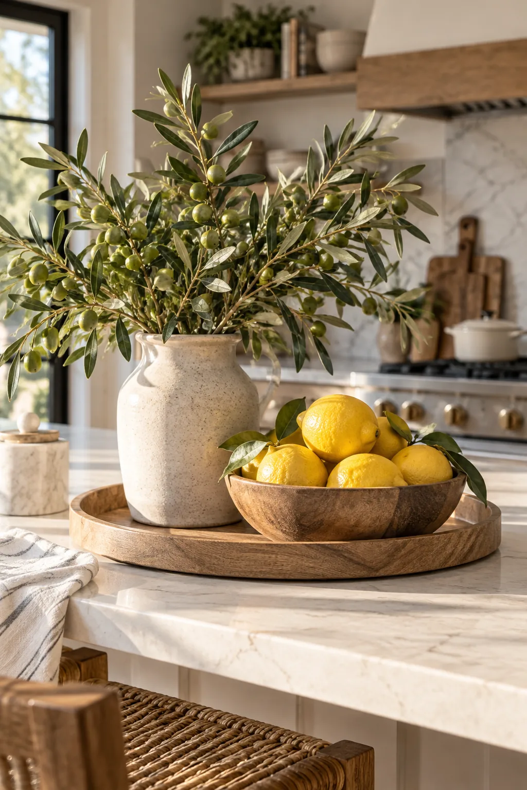 Sunlight highlighting the green leaves of olive branches and bright yellow lemons in a wooden tray.