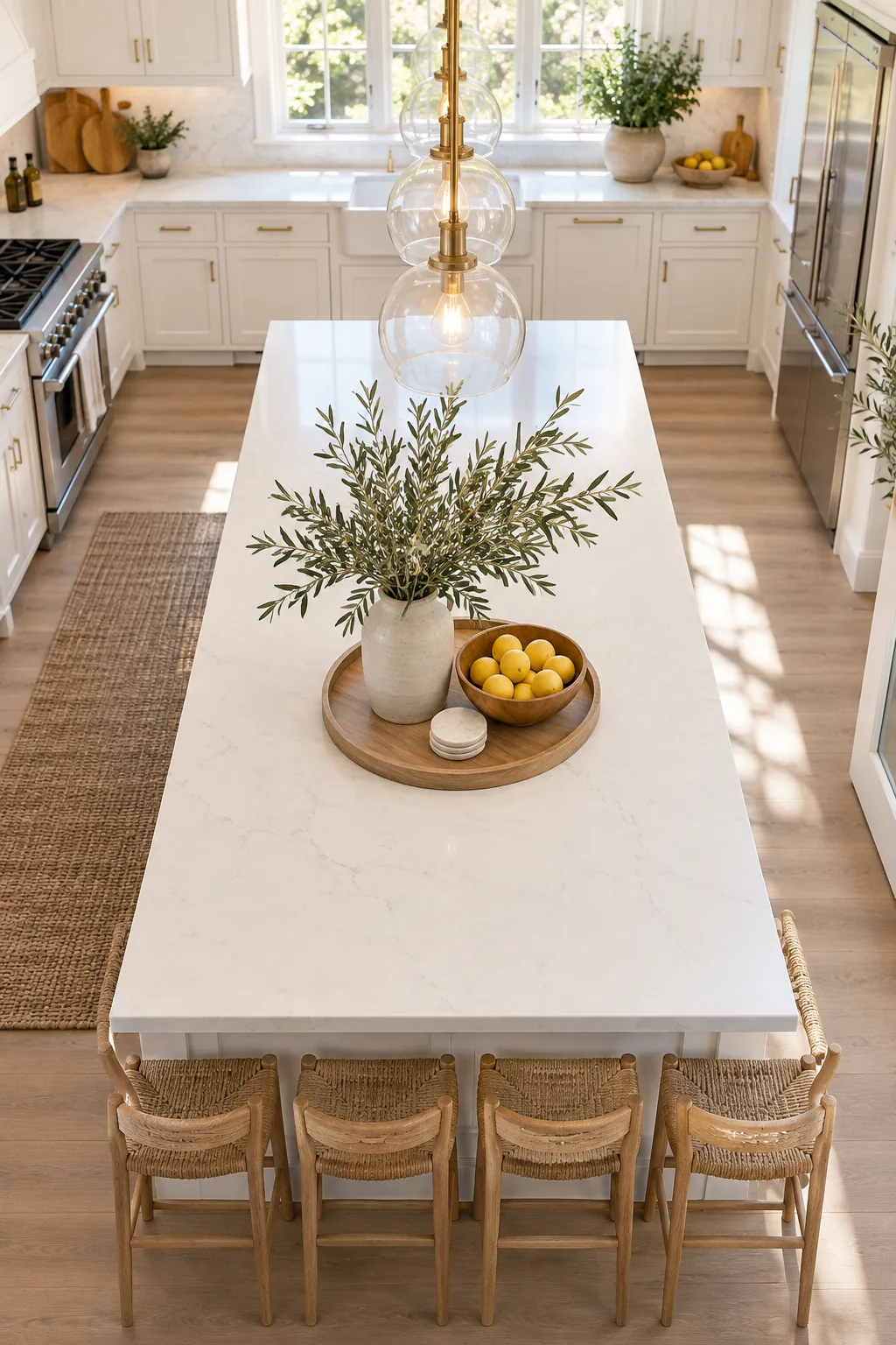 Wide view of a bright kitchen with a perfectly scaled wooden tray centerpiece on the island.