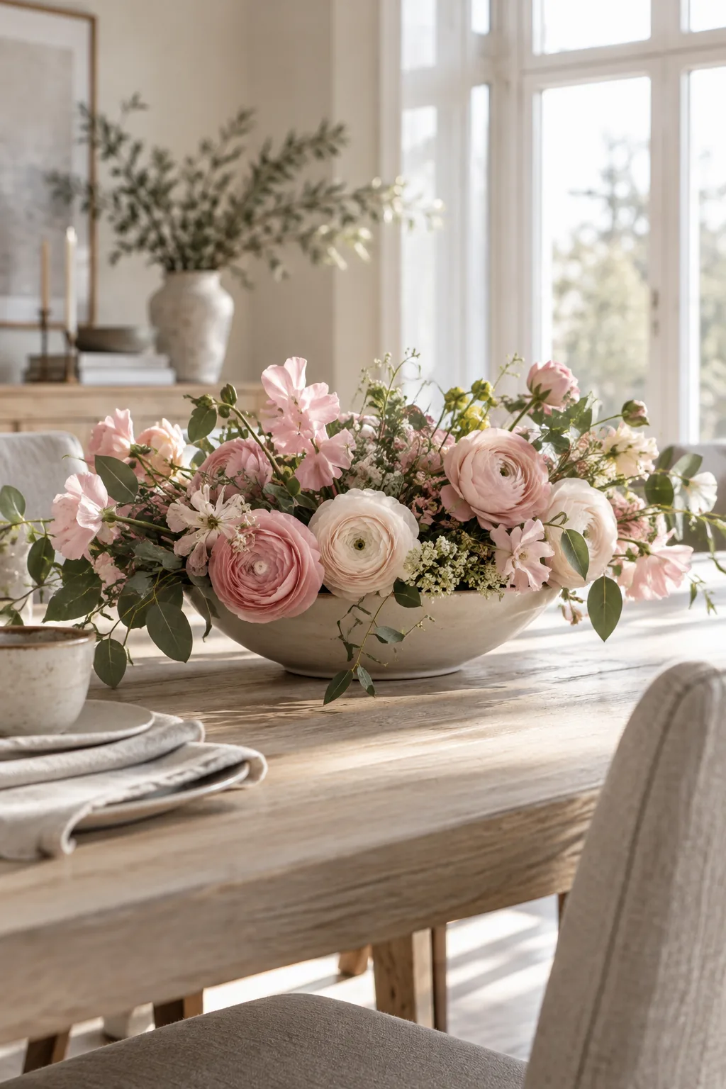 Shallow ceramic bowl filled with low sprawling flowers on a dining table
