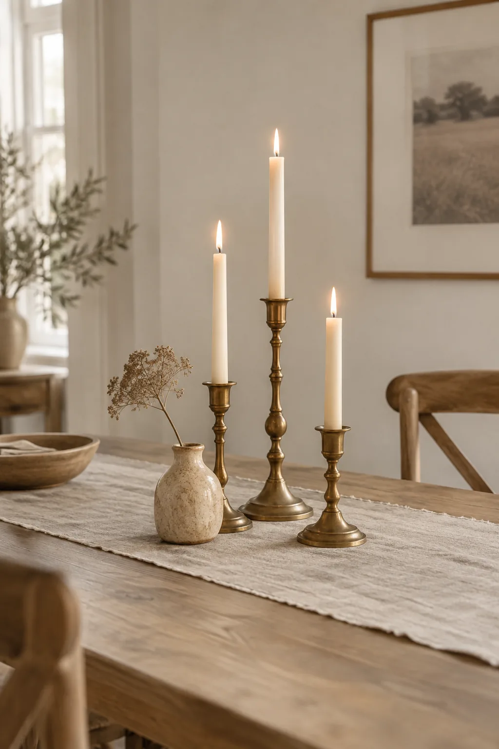 Three brass candlesticks of different heights grouped together