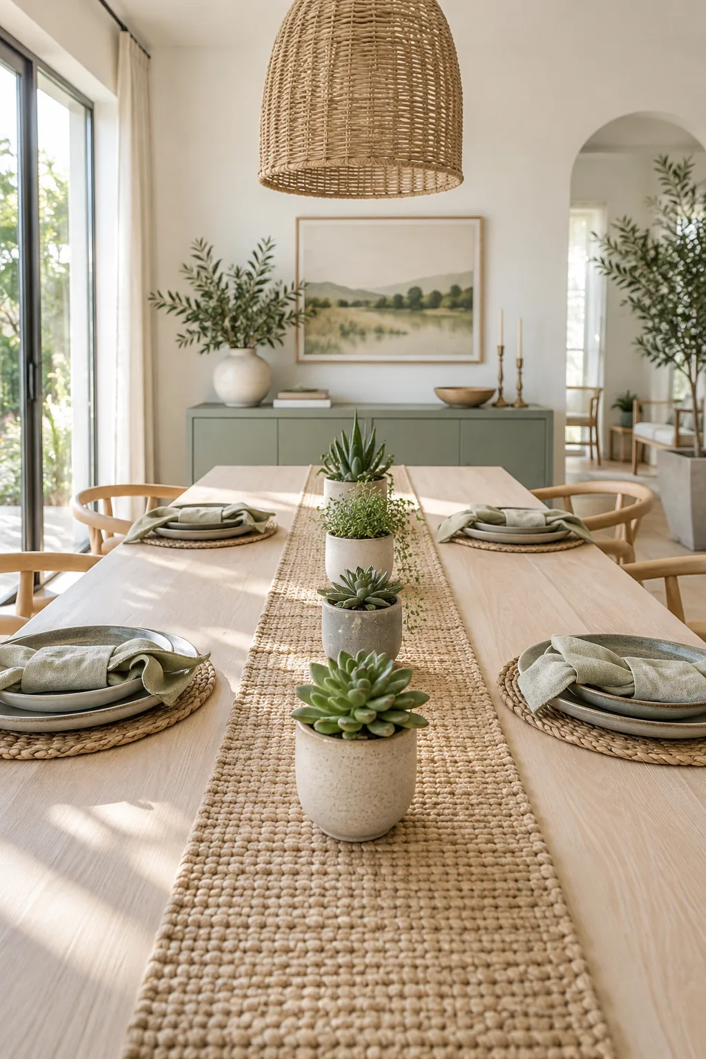 Potted succulents lined up on a woven table runner