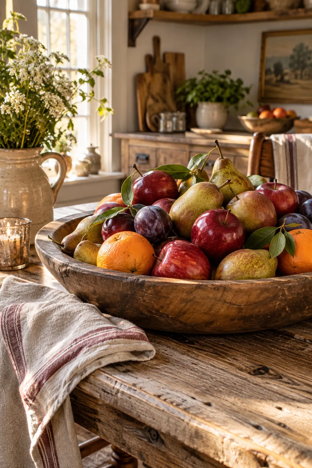 Wooden dough bowl overflowing with fresh lemons and green leaves