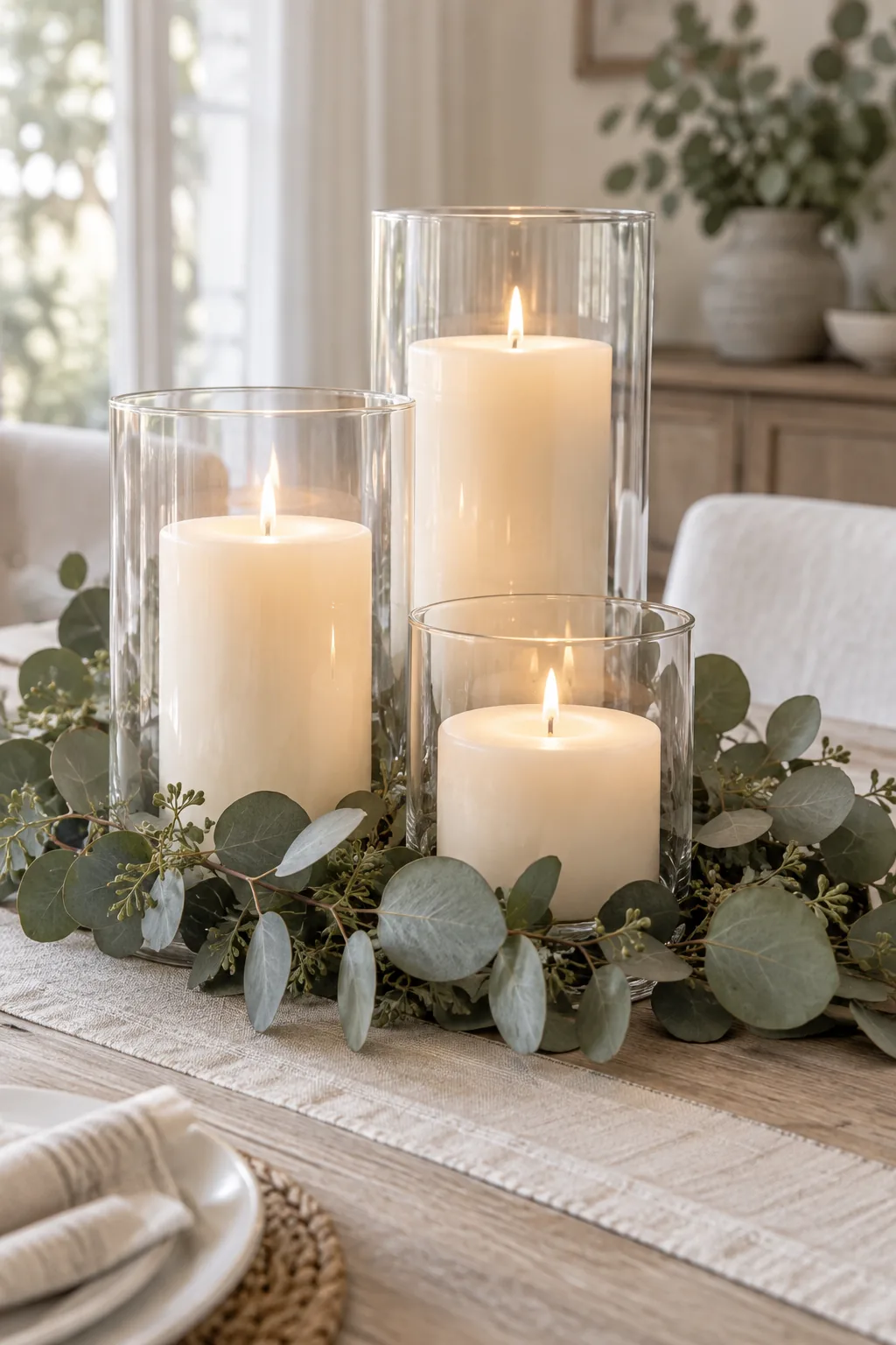 Three wide pillar candles inside glass hurricanes surrounded by eucalyptus