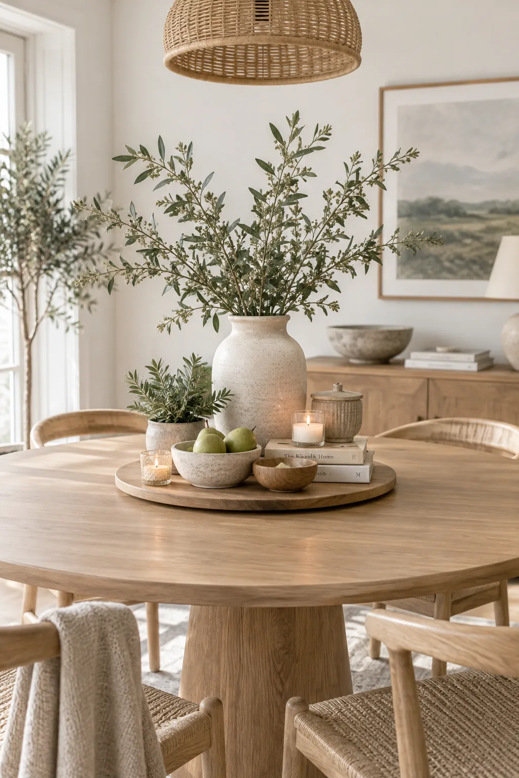 Large wooden lazy Susan topped with a glass jug and branches