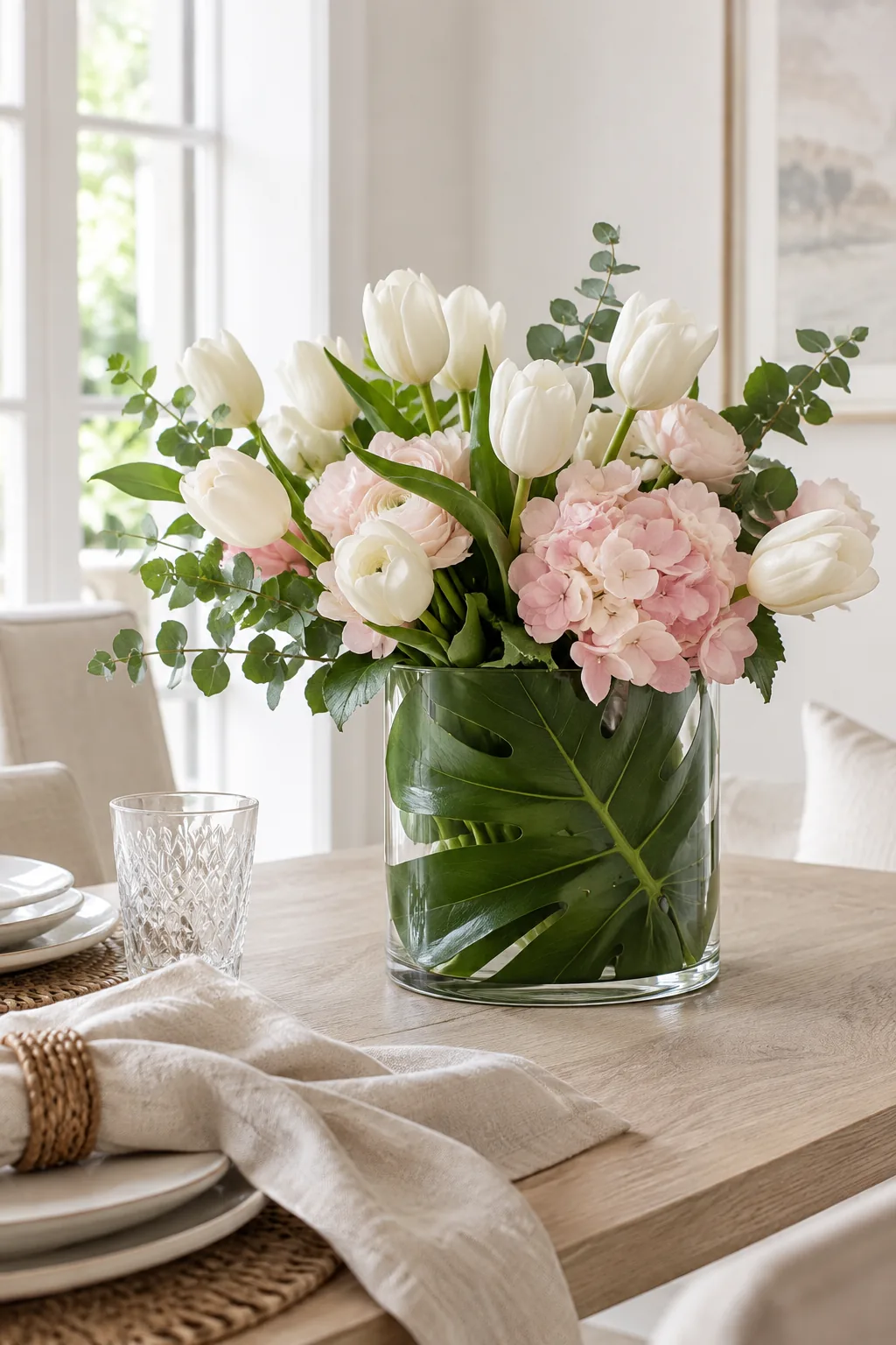 Glass cylinder vase lined with a green monstera leaf hiding flower stems