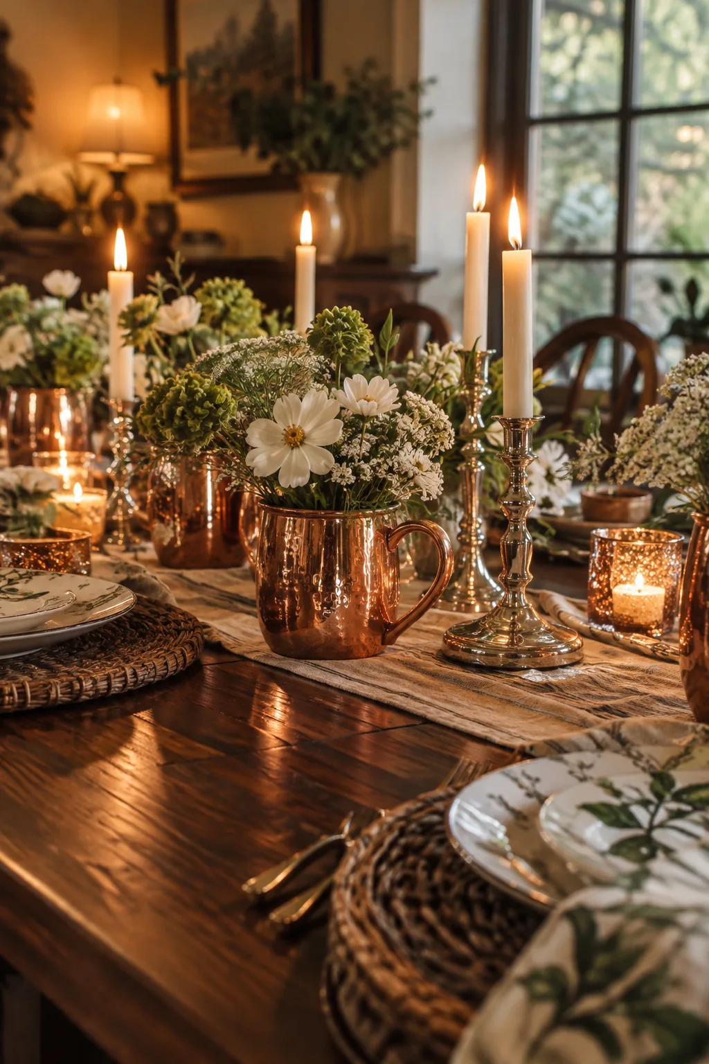 Copper mugs holding small flowers next to silver candleholders