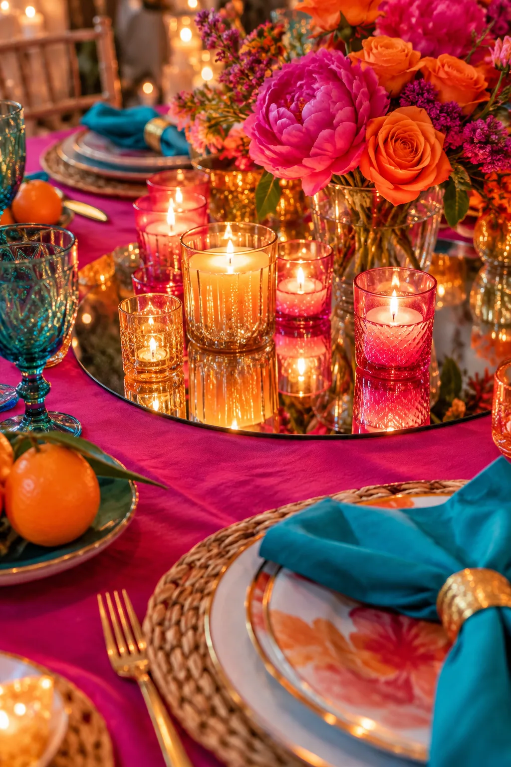 Small votive candles glowing on top of a flat round mirror