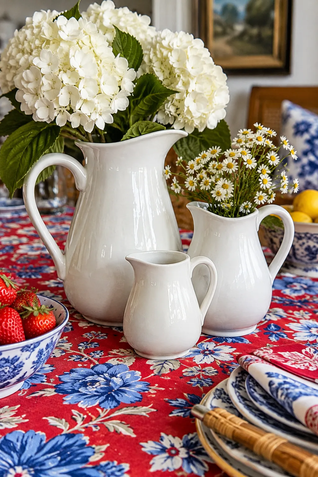 Solid white ceramic pitchers on a busy floral tablecloth