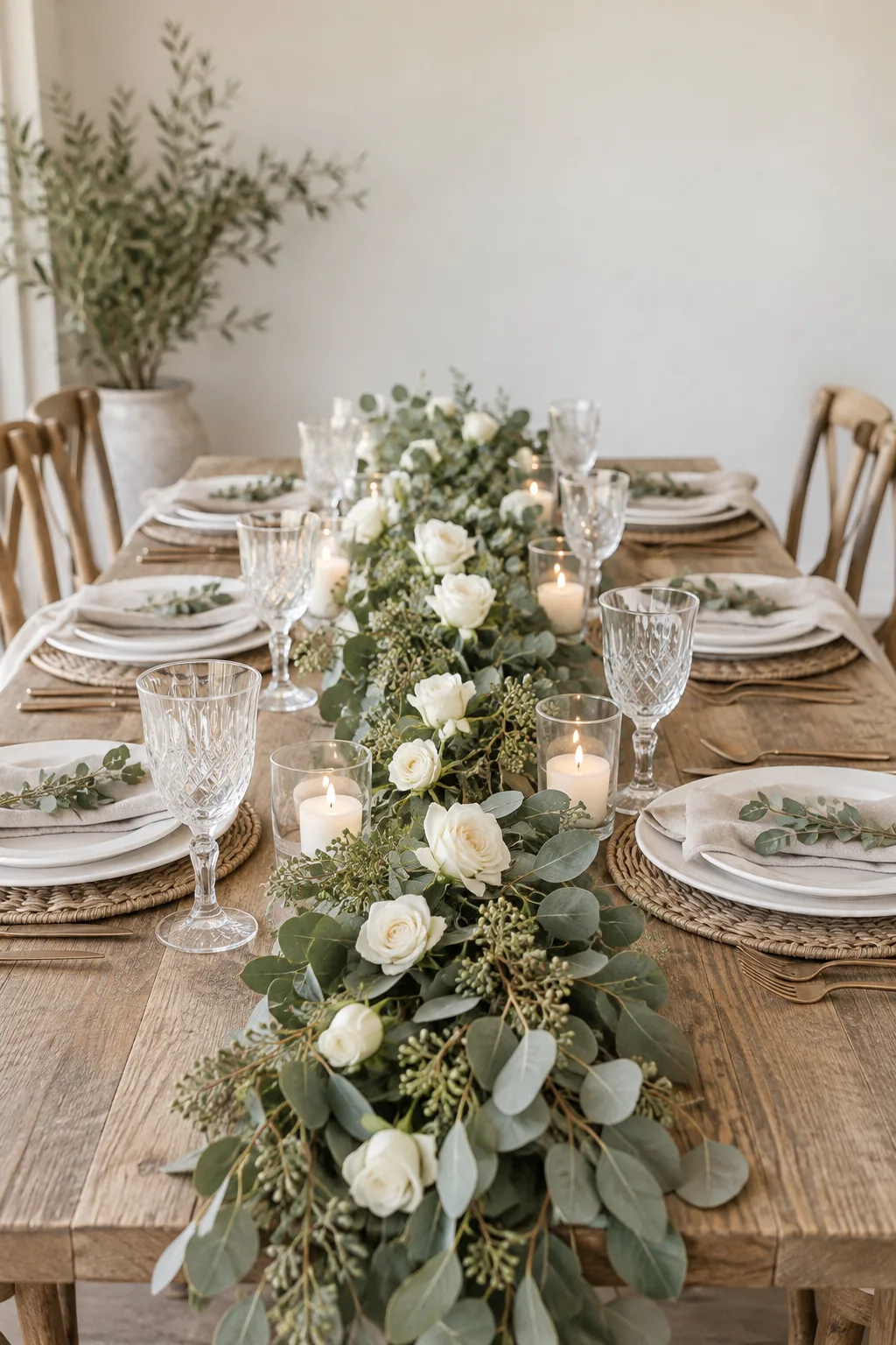 Long garland of seeded eucalyptus and white roses running down a table