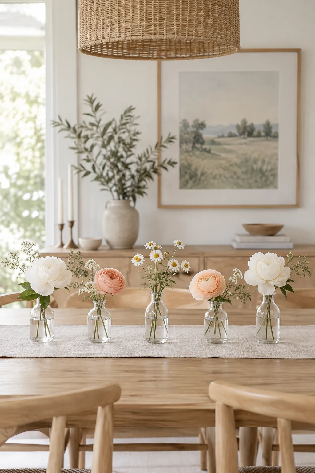 Several small glass bottles holding single flowers spaced down a table